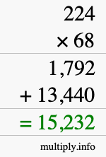 How to calculate 224 times 68 using long multiplication