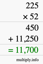 How to calculate 225 times 52 using long multiplication How to calculate 225 times 52 using long multiplication