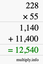 How to calculate 228 times 55 using long multiplication How to calculate 228 times 55 using long multiplication