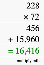 How to calculate 228 times 72 using long multiplication