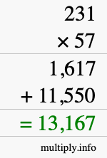 How to calculate 231 times 57 using long multiplication
