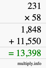 How to calculate 231 times 58 using long multiplication How to calculate 231 times 58 using long multiplication