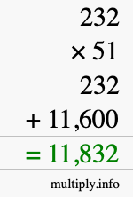 How to calculate 232 times 51 using long multiplication