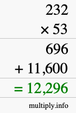 How to calculate 232 times 53 using long multiplication