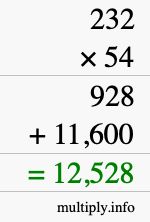 How to calculate 232 times 54 using long multiplication
