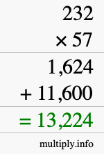 How to calculate 232 times 57 using long multiplication