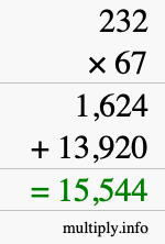 How to calculate 232 times 67 using long multiplication