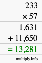 How to calculate 233 times 57 using long multiplication