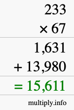 How to calculate 233 times 67 using long multiplication