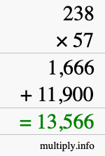 How to calculate 238 times 57 using long multiplication