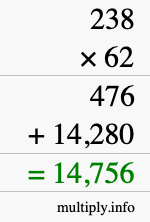 How to calculate 238 times 62 using long multiplication How to calculate 238 times 62 using long multiplication