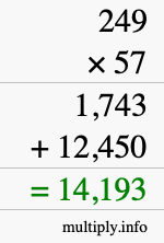 How to calculate 249 times 57 using long multiplication