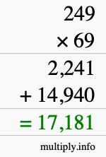 How to calculate 249 times 69 using long multiplication