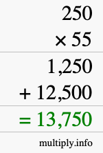 How to calculate 250 times 55 using long multiplication