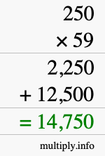 How to calculate 250 times 59 using long multiplication