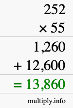 How to calculate 252 times 55 using long multiplication