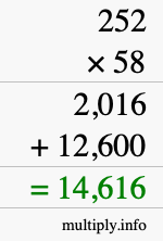 How to calculate 252 times 58 using long multiplication