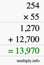 How to calculate 254 times 55 using long multiplication