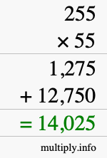 How to calculate 255 times 55 using long multiplication