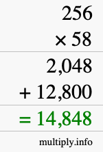 How to calculate 256 times 58 using long multiplication