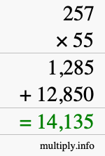 How to calculate 257 times 55 using long multiplication
