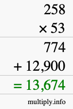 How to calculate 258 times 53 using long multiplication