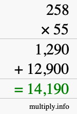 How to calculate 258 times 55 using long multiplication