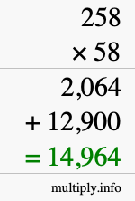 How to calculate 258 times 58 using long multiplication
