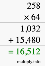 How to calculate 258 times 64 using long multiplication