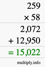 How to calculate 259 times 58 using long multiplication
