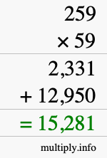 How to calculate 259 times 59 using long multiplication
