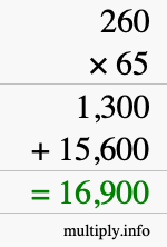 How to calculate 260 times 65 using long multiplication