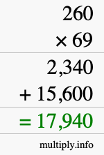 How to calculate 260 times 69 using long multiplication