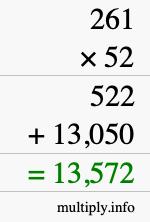 How to calculate 261 times 52 using long multiplication