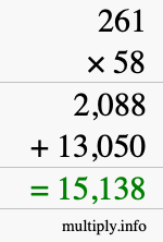How to calculate 261 times 58 using long multiplication