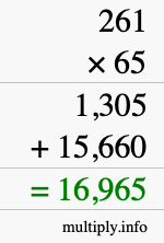 How to calculate 261 times 65 using long multiplication