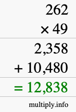 How to calculate 262 times 49 using long multiplication