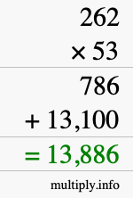 How to calculate 262 times 53 using long multiplication