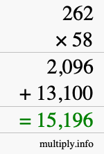 How to calculate 262 times 58 using long multiplication