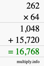 How to calculate 262 times 64 using long multiplication