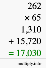 How to calculate 262 times 65 using long multiplication