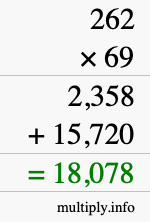 How to calculate 262 times 69 using long multiplication