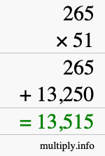 How to calculate 265 times 51 using long multiplication