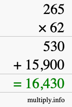 How to calculate 265 times 62 using long multiplication