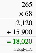 How to calculate 265 times 68 using long multiplication