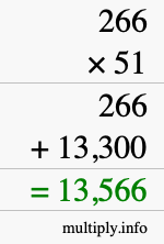 How to calculate 266 times 51 using long multiplication
