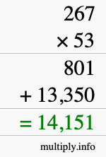 How to calculate 267 times 53 using long multiplication