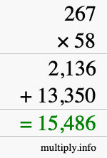 How to calculate 267 times 58 using long multiplication