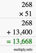 How to calculate 268 times 51 using long multiplication