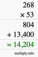 How to calculate 268 times 53 using long multiplication
